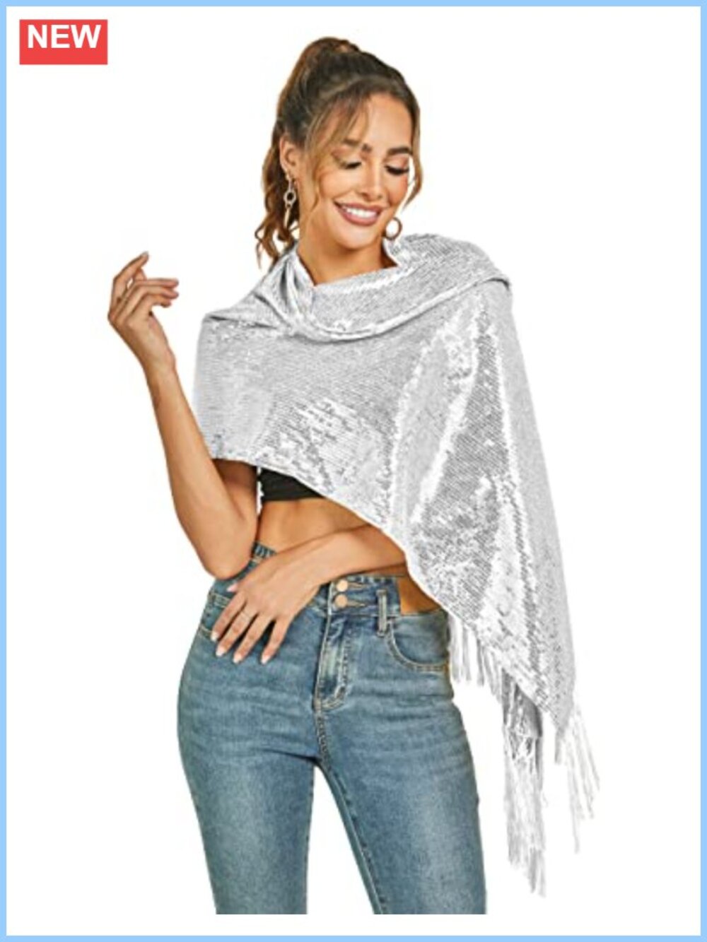 Sequin Shawl Wrap Tassel Bandana Scarf for Party Prom Women